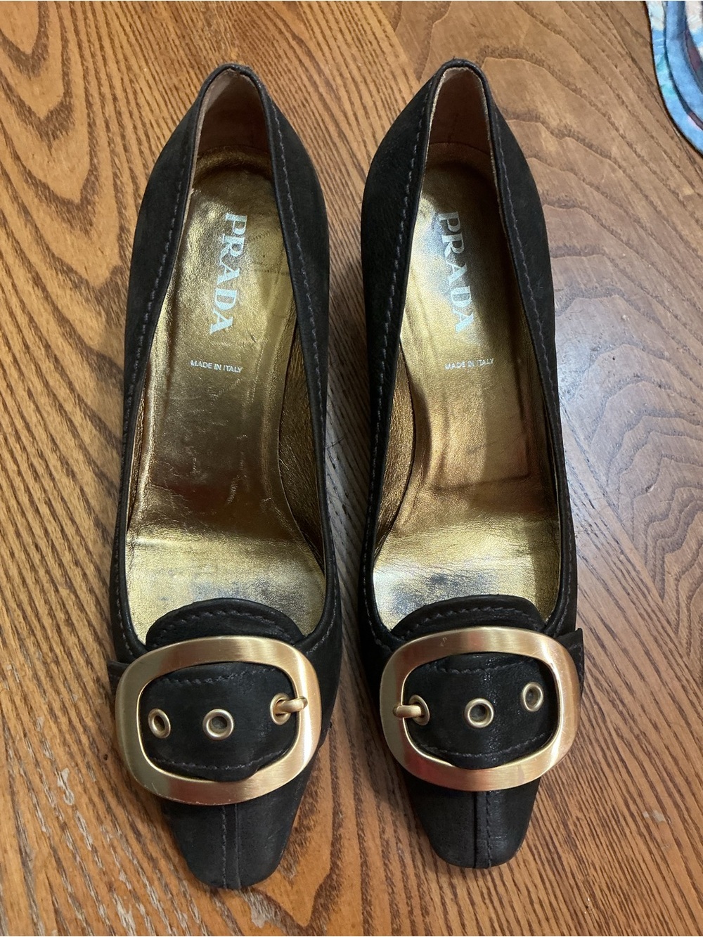Prada Black Suede Pumps with Gold Buckle